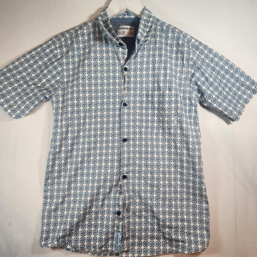 Sovereign Code Boys Short Sleeve Button Down Shirt Blue Geometric Size 18/20